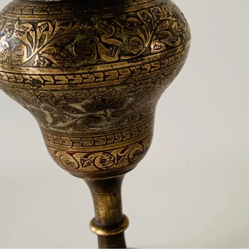 Vintage Indian Etched Florals Brass Fluted Vases Set Of 2 (7”)